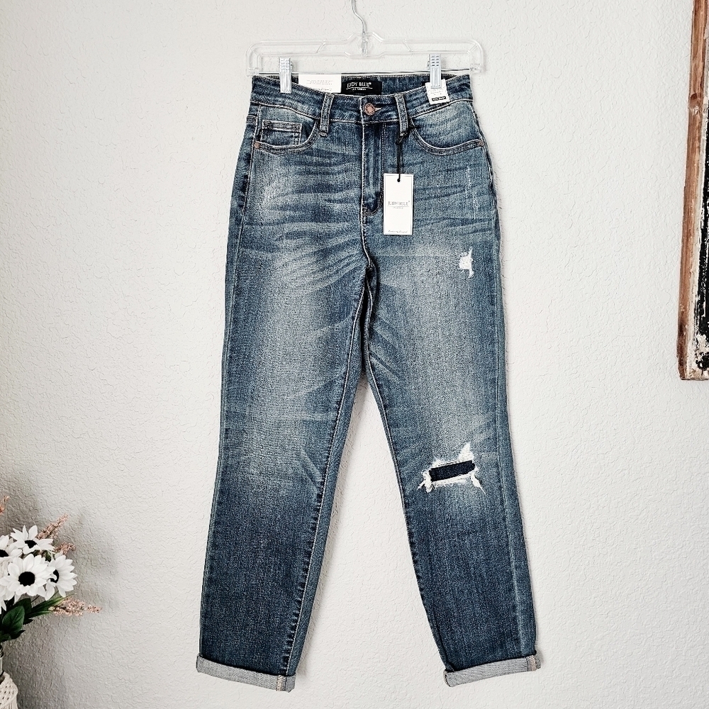 Judy Blue High Rise Patched Knee Slim Straight Cuffed Boyfriend Fit Jeans 24 - Picture 7 of 17